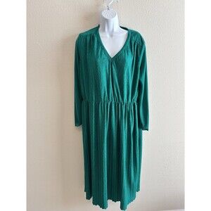 Vintage Matti of Lynne Green Textured Knit Dress V-Neck‎ Midi 70s 80s - XL/14/16